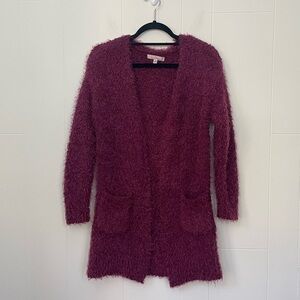 Love Tree Burgundy Fuzzy Open Front Long Length Cardigan ~ Women’s Size S